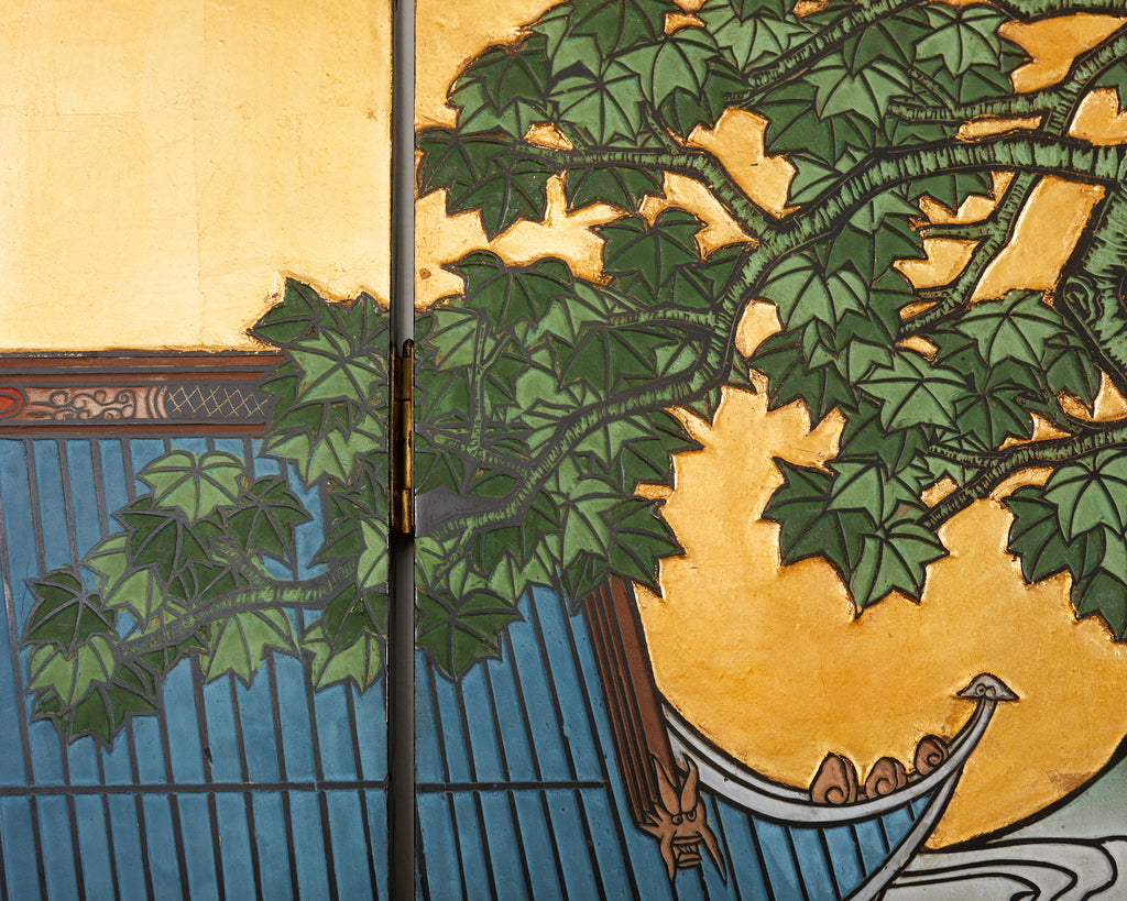 Chinese Export Four Panel Gilt Lacquered Coromandel Screen