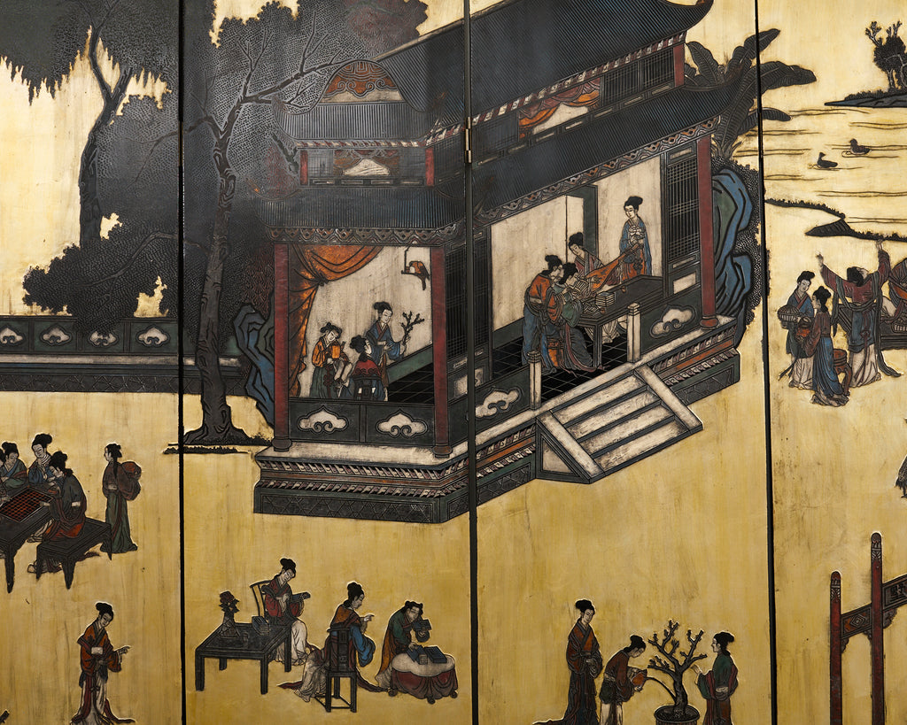 Chinese Export Six Panel Coromandel Screen Gilt Courtyard
