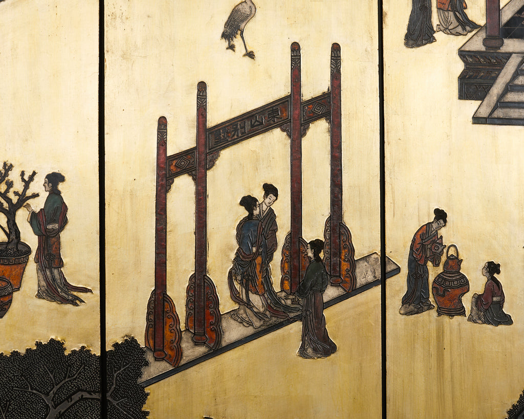 Chinese Export Six Panel Coromandel Screen Gilt Courtyard