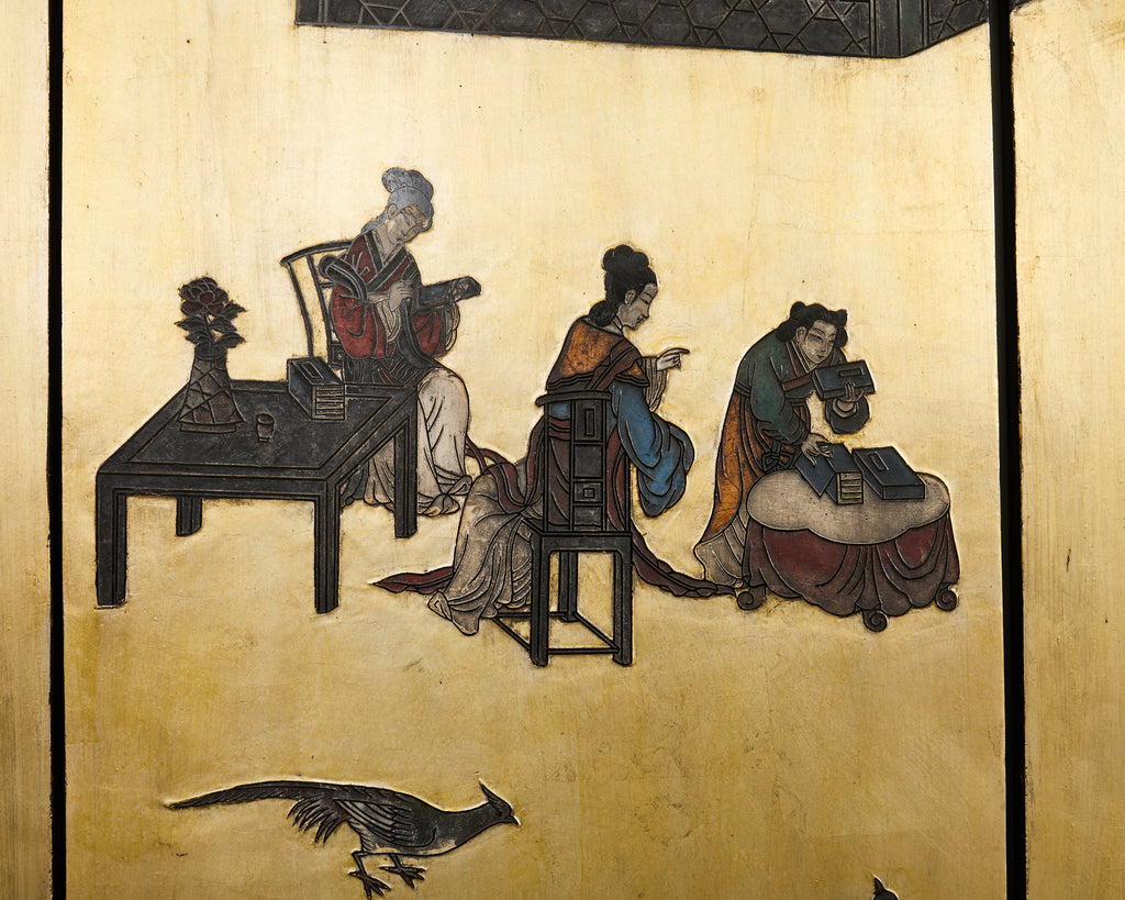 Chinese Export Six Panel Coromandel Screen Gilt Courtyard