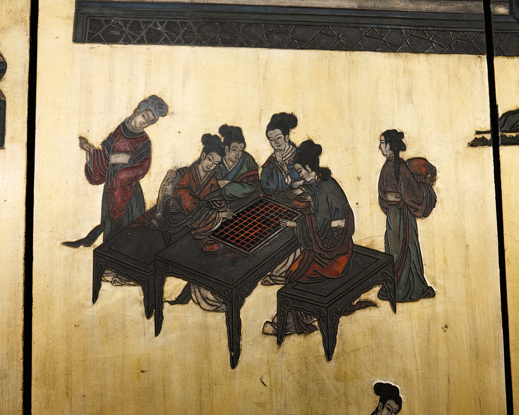 Chinese Export Six Panel Coromandel Screen Gilt Courtyard