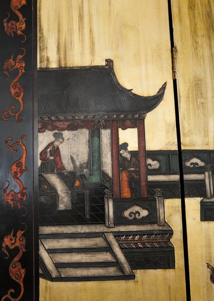 Chinese Export Six Panel Coromandel Screen Gilt Courtyard