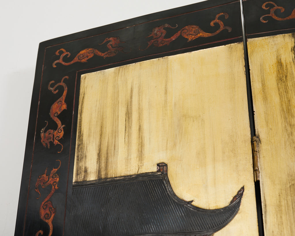 Chinese Export Six Panel Coromandel Screen Gilt Courtyard