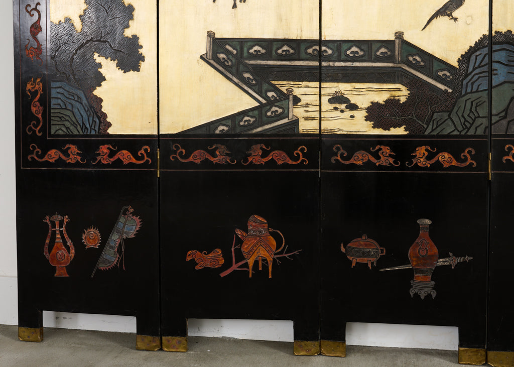 Chinese Export Six Panel Coromandel Screen Gilt Courtyard