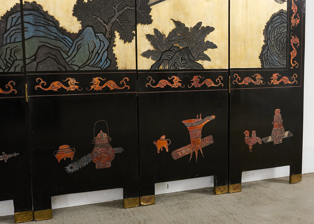 Chinese Export Six Panel Coromandel Screen Gilt Courtyard