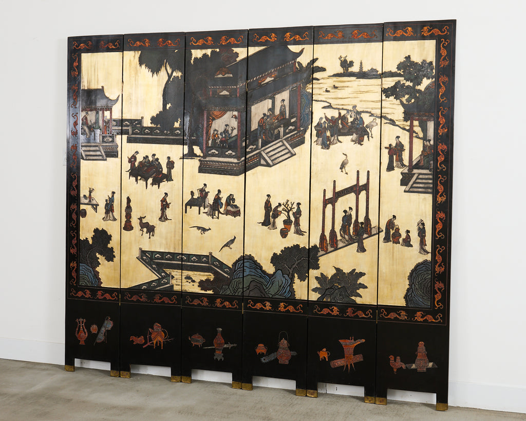Chinese Export Six Panel Coromandel Screen Gilt Courtyard
