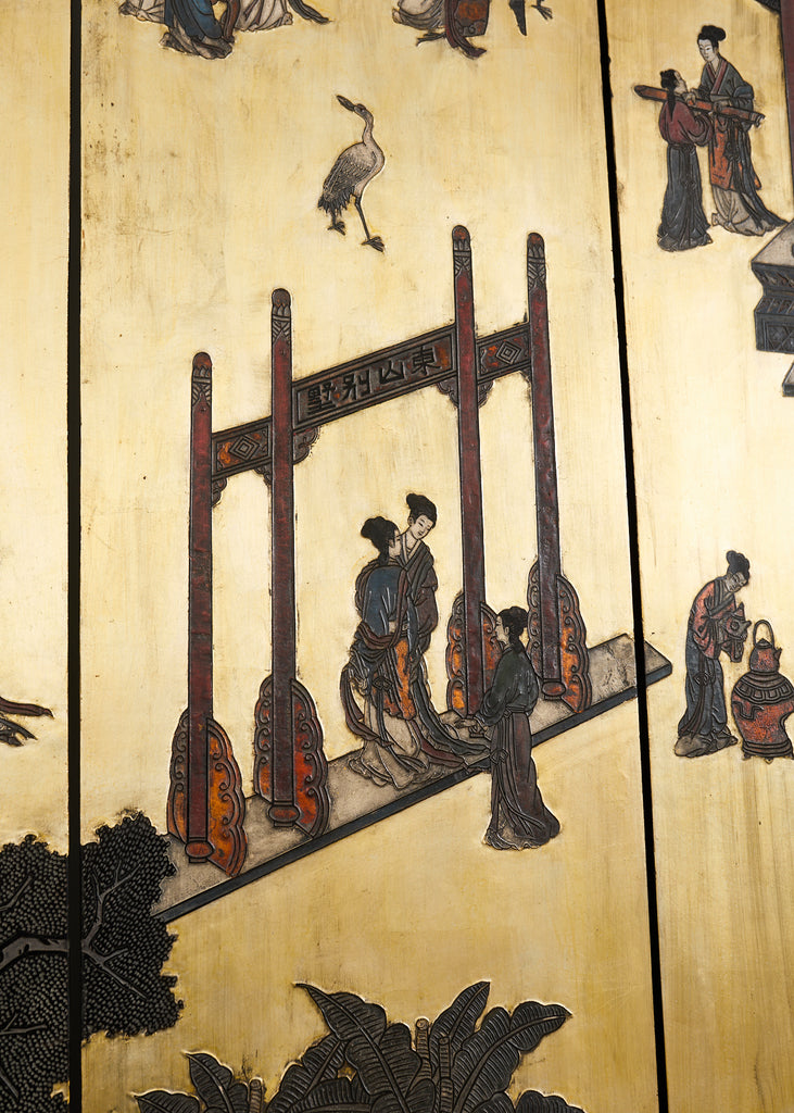Chinese Export Six Panel Coromandel Screen Gilt Courtyard