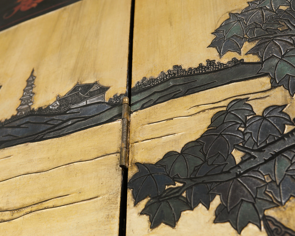 Chinese Export Six Panel Coromandel Screen Gilt Courtyard