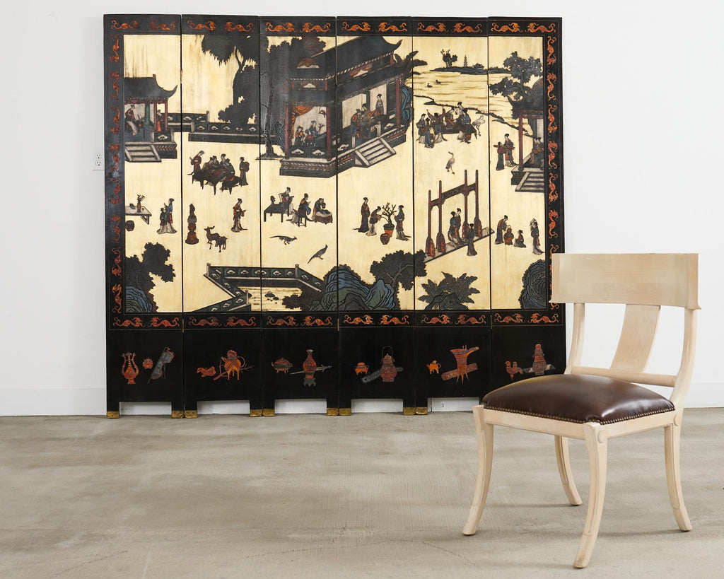 Chinese Export Six Panel Coromandel Screen Gilt Courtyard
