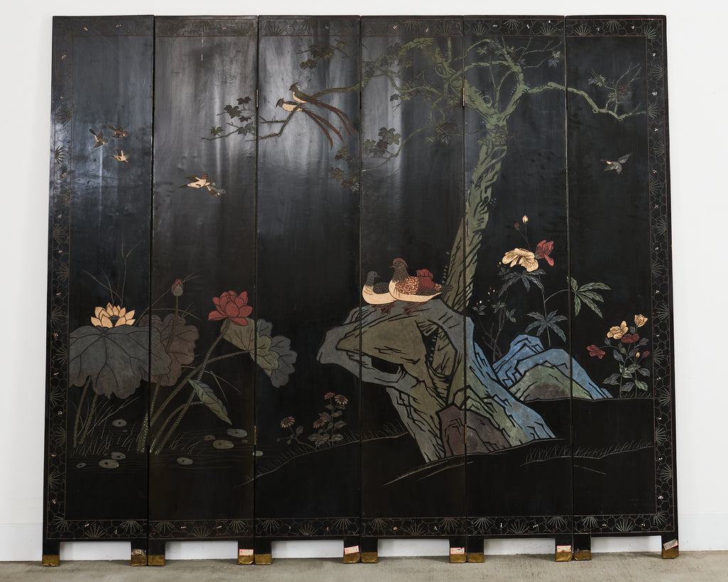 Chinese Export Six Panel Coromandel Screen Gilt Courtyard