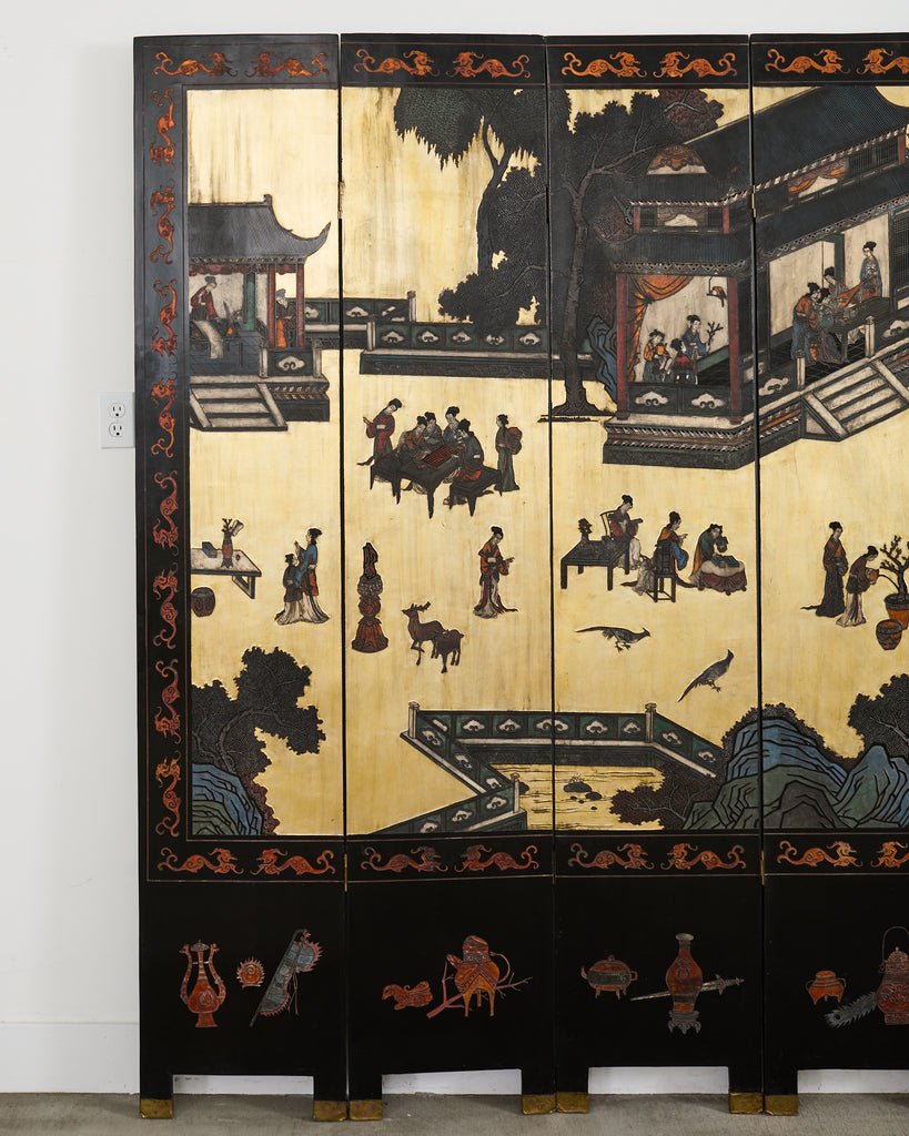 Chinese Export Six Panel Coromandel Screen Gilt Courtyard