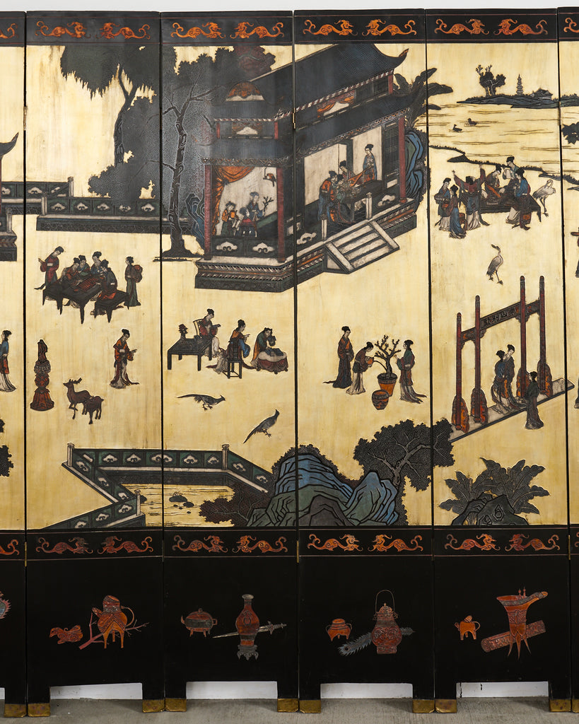 Chinese Export Six Panel Coromandel Screen Gilt Courtyard