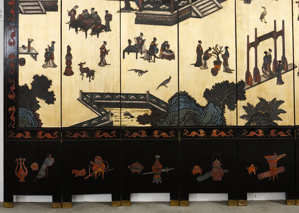 Chinese Export Six Panel Coromandel Screen Gilt Courtyard