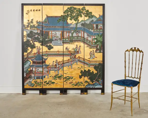 Chinese Export Four Panel Gilt Lacquered Coromandel Screen