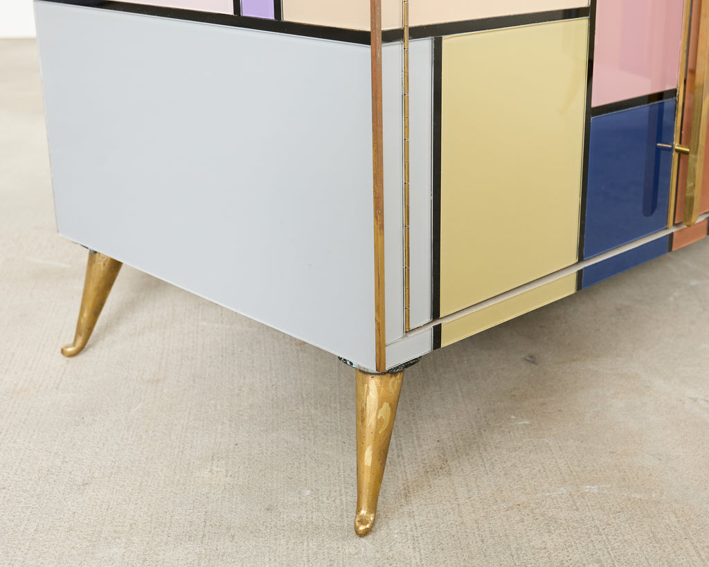 Pair Italian Midcentury Mondrian Style Glass Brass Cabinets