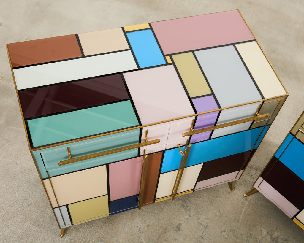 Pair Italian Midcentury Mondrian Style Glass Brass Cabinets