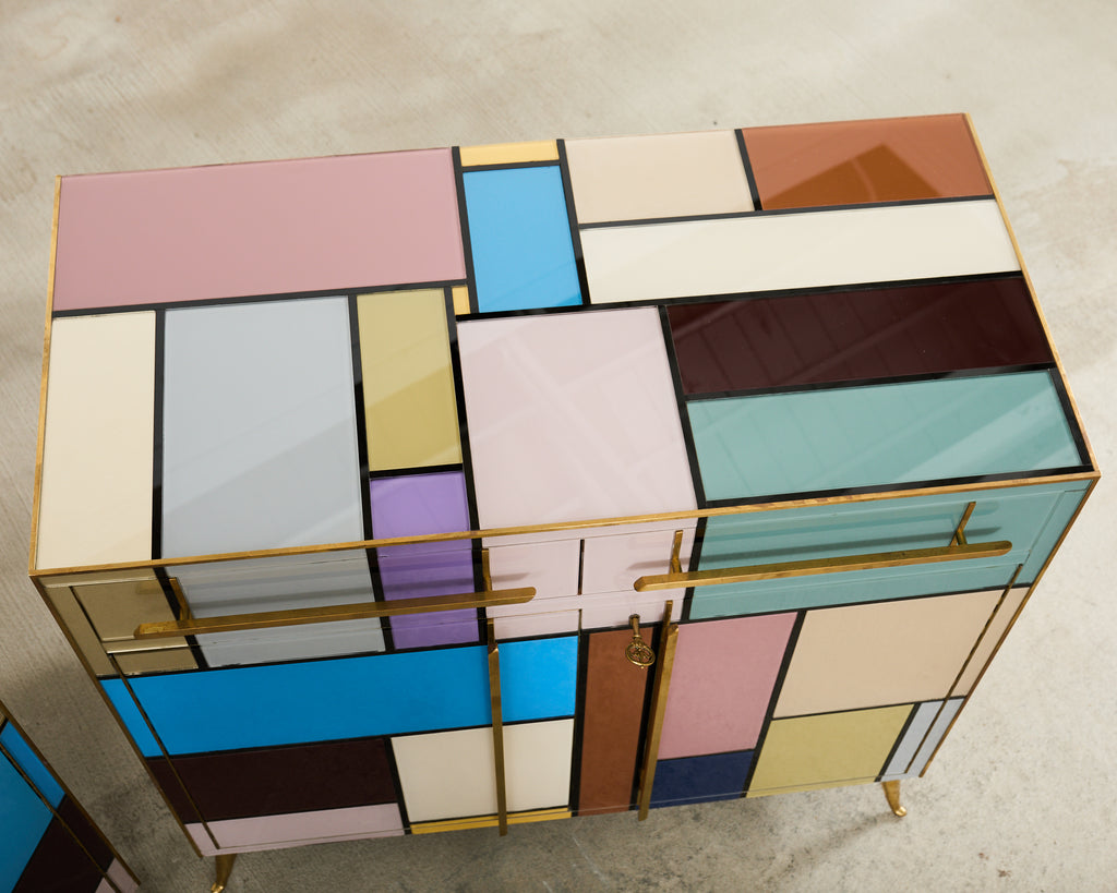 Pair Italian Midcentury Mondrian Style Glass Brass Cabinets