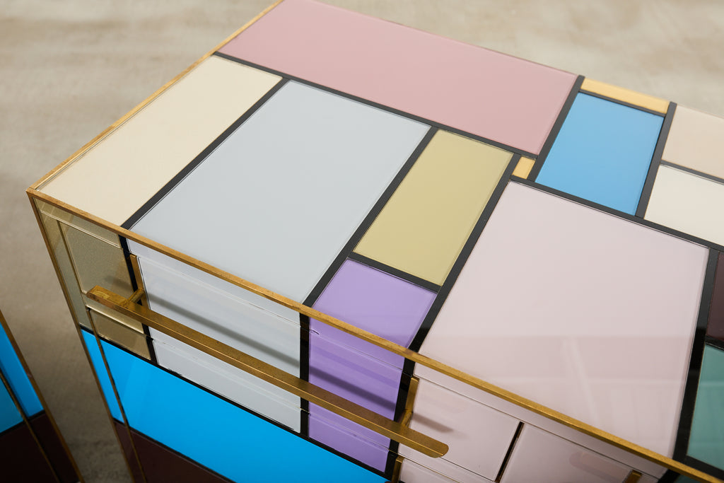 Pair Italian Midcentury Mondrian Style Glass Brass Cabinets