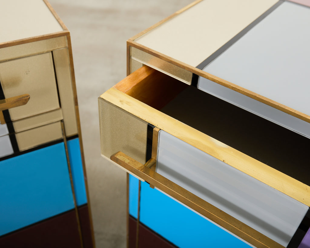 Pair Italian Midcentury Mondrian Style Glass Brass Cabinets