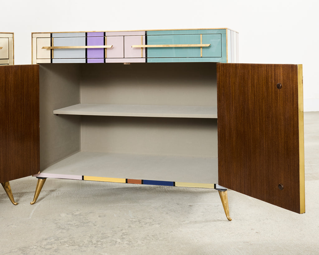 Pair Italian Midcentury Mondrian Style Glass Brass Cabinets