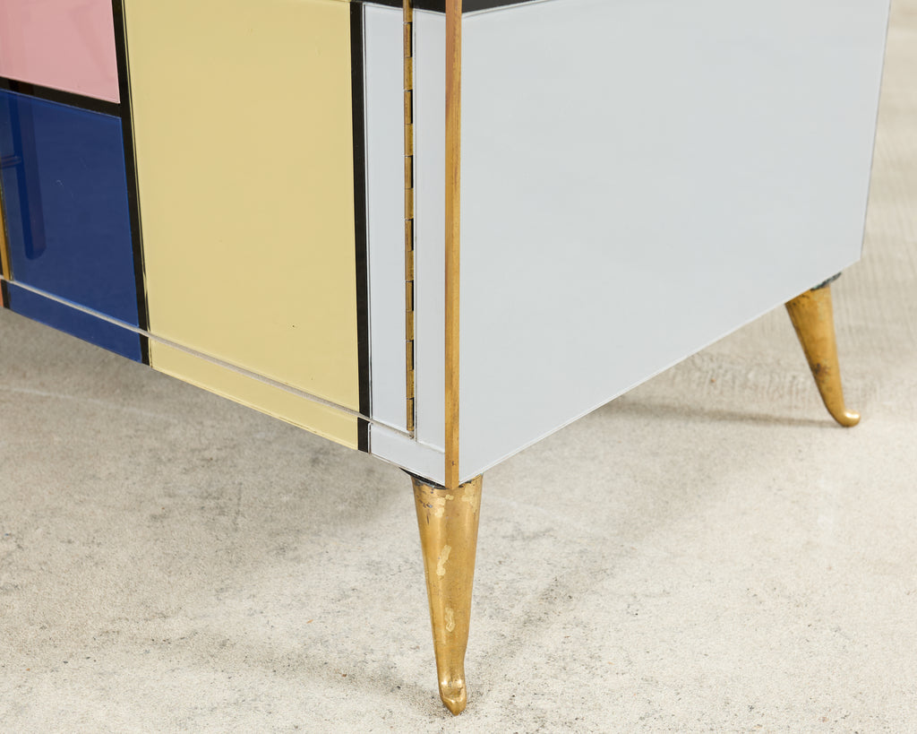 Pair Italian Midcentury Mondrian Style Glass Brass Cabinets