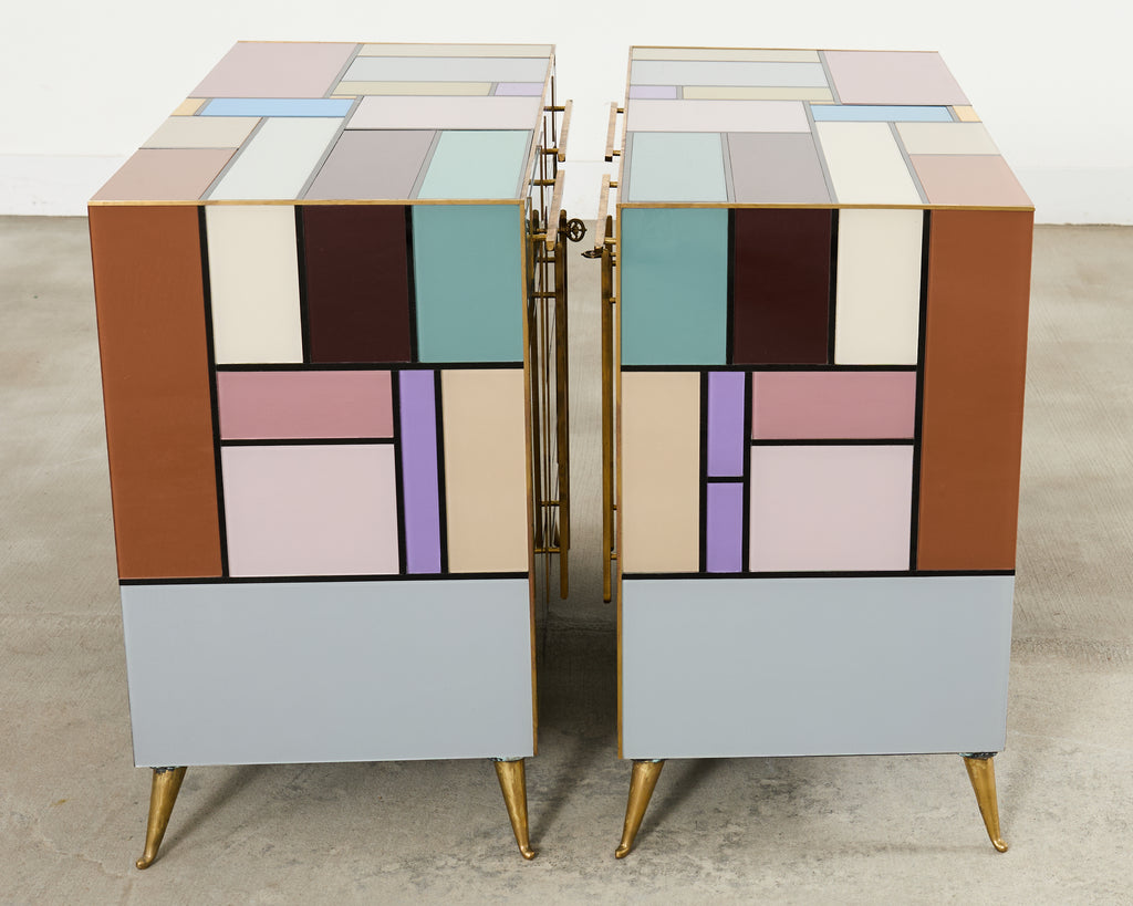Pair Italian Midcentury Mondrian Style Glass Brass Cabinets