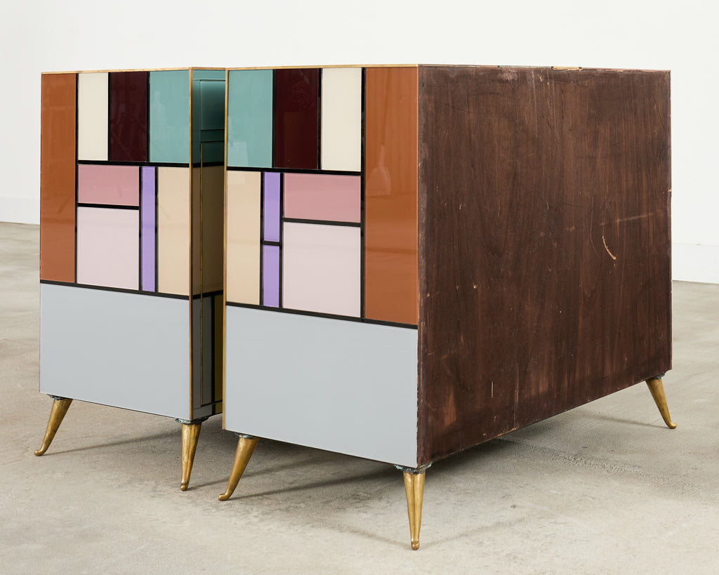 Pair Italian Midcentury Mondrian Style Glass Brass Cabinets
