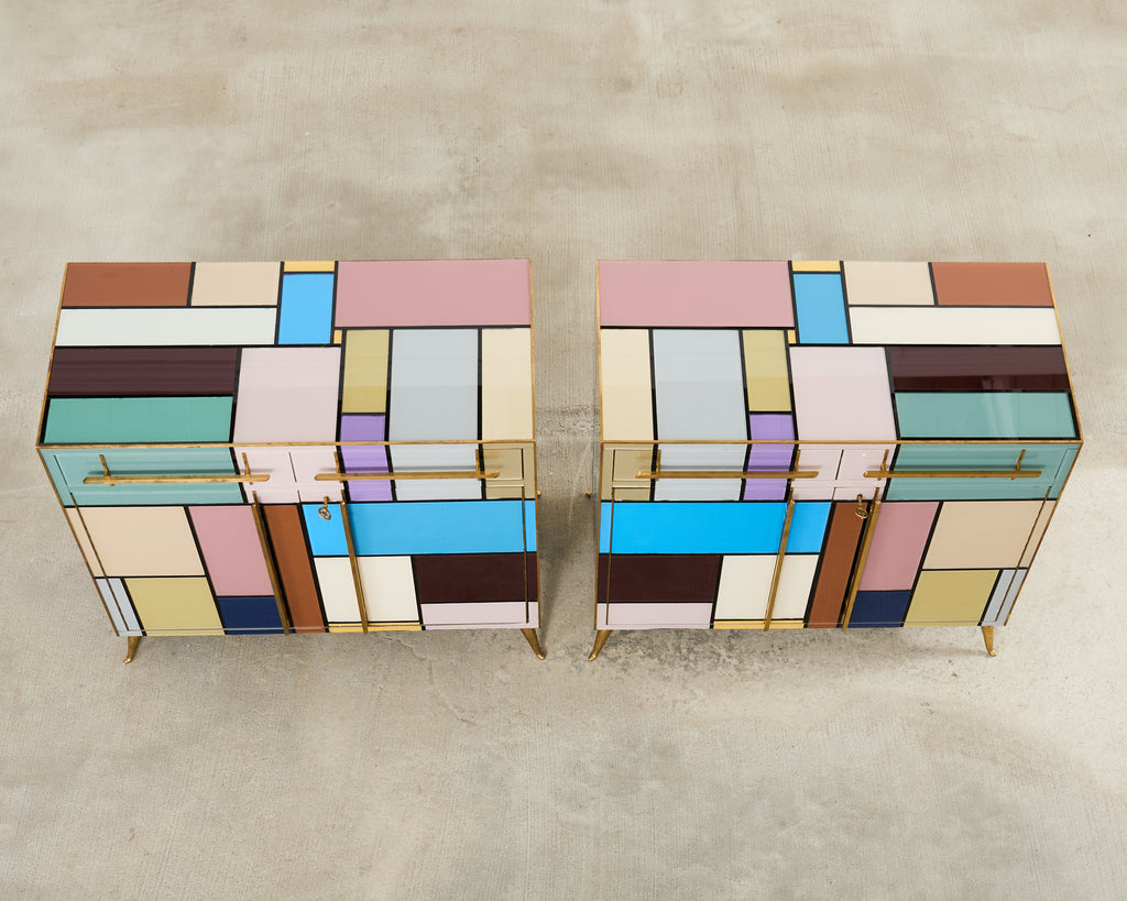 Pair Italian Midcentury Mondrian Style Glass Brass Cabinets