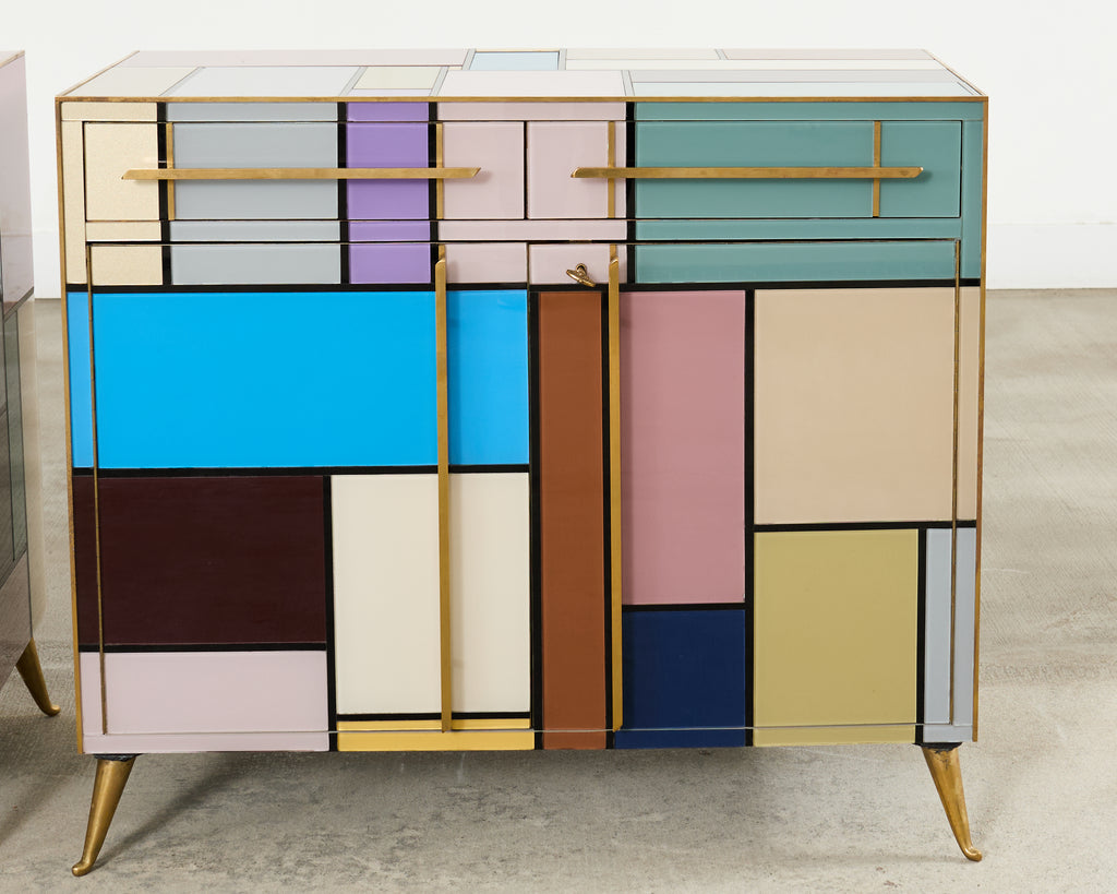 Pair Italian Midcentury Mondrian Style Glass Brass Cabinets
