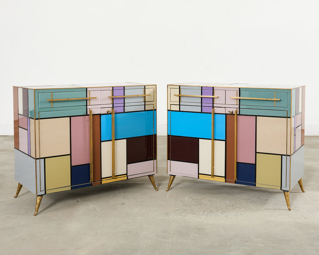 Pair Italian Midcentury Mondrian Style Glass Brass Cabinets