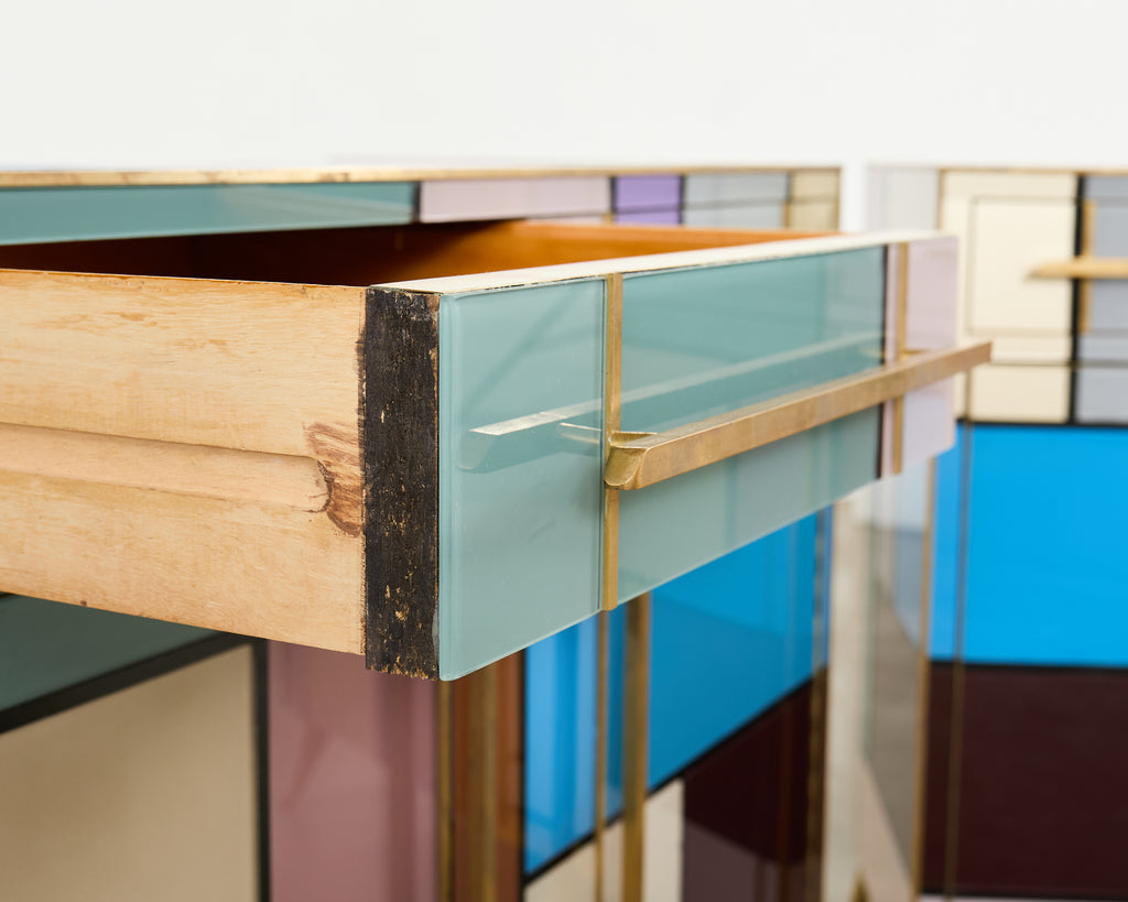 Pair Italian Midcentury Mondrian Style Glass Brass Cabinets
