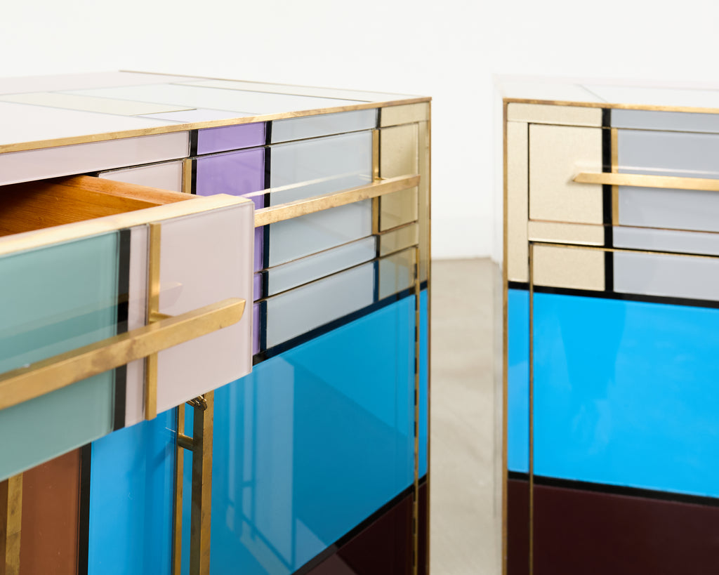 Pair Italian Midcentury Mondrian Style Glass Brass Cabinets