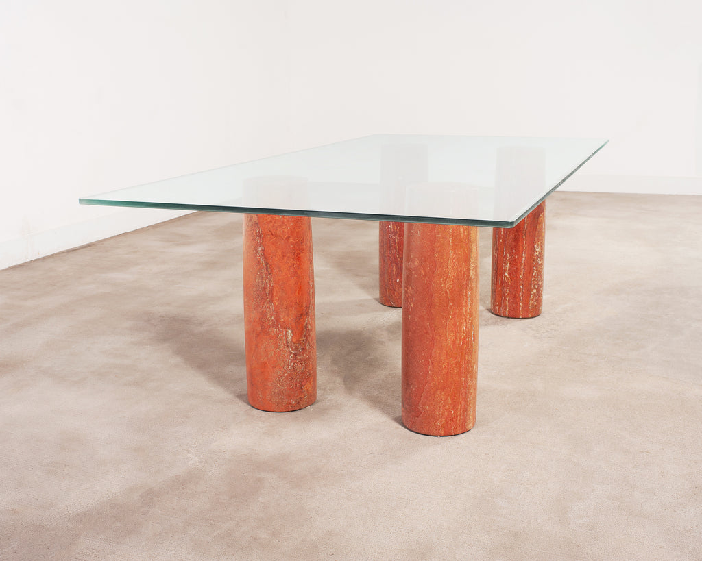 Mario Bellini Colonnato Persian Red Travertine Glass Dining Table