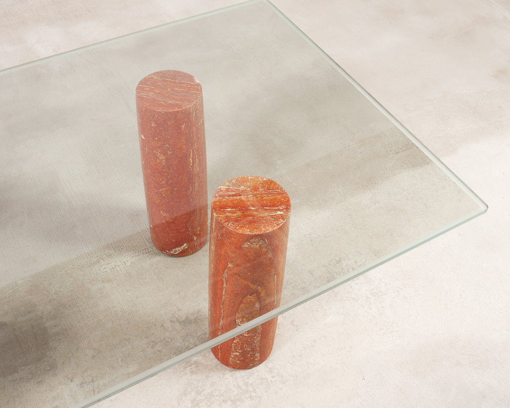 Mario Bellini Colonnato Persian Red Travertine Glass Dining Table