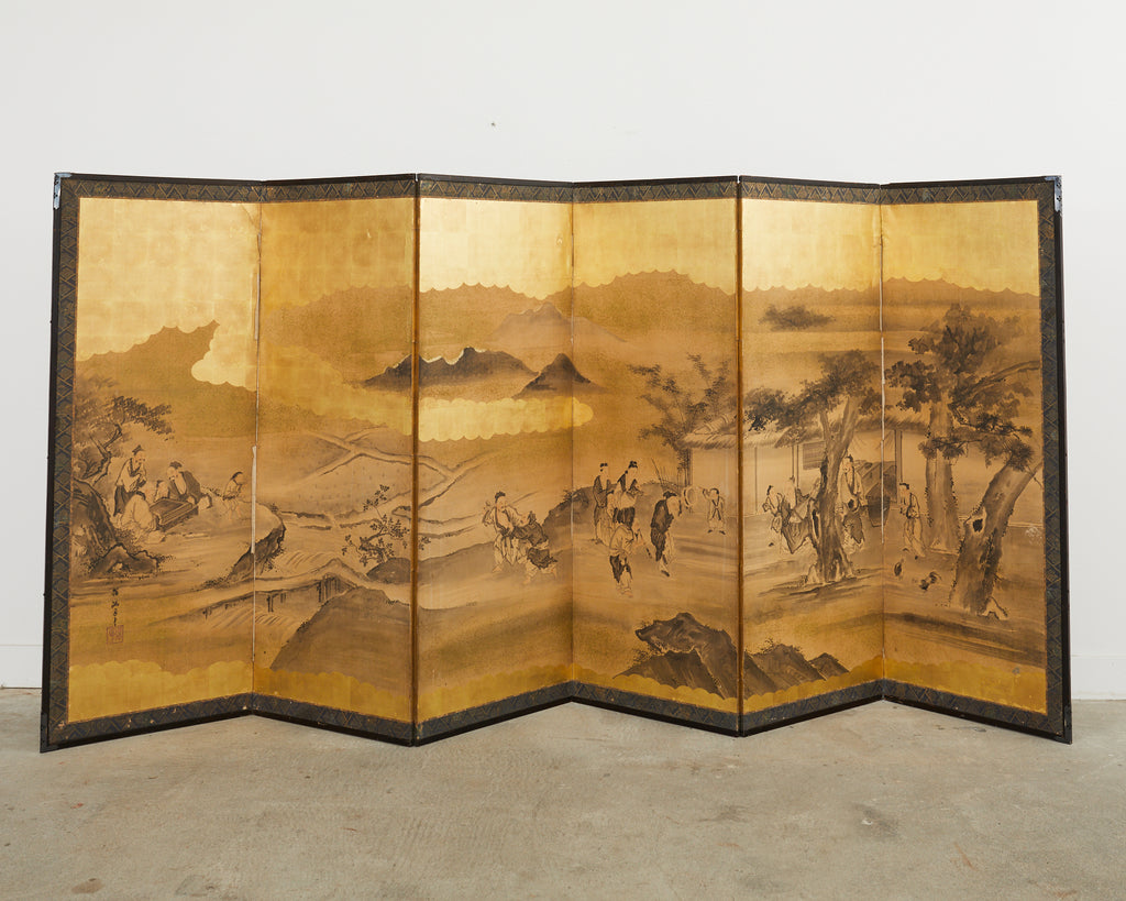 Japanese Edo Six Panel Screen Merrymaking in the Chinese Countryside