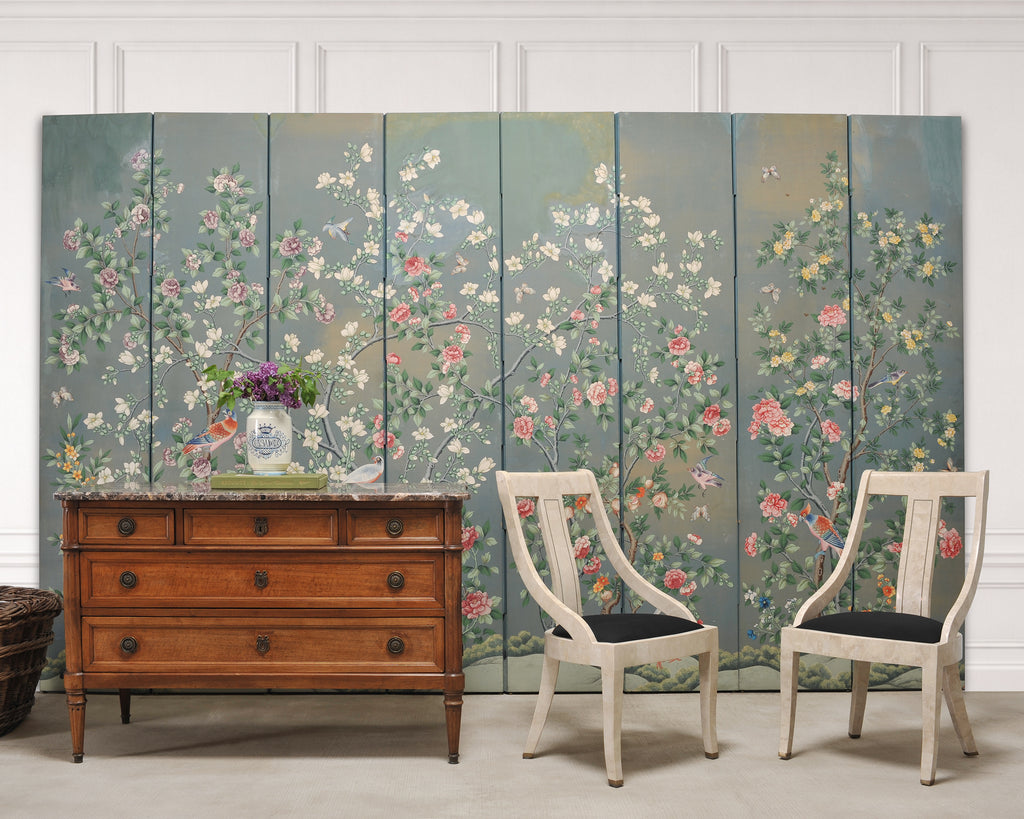 Gracie Style 8 Panel Chinoiserie Painted Wallpaper Screen 12 Ft
