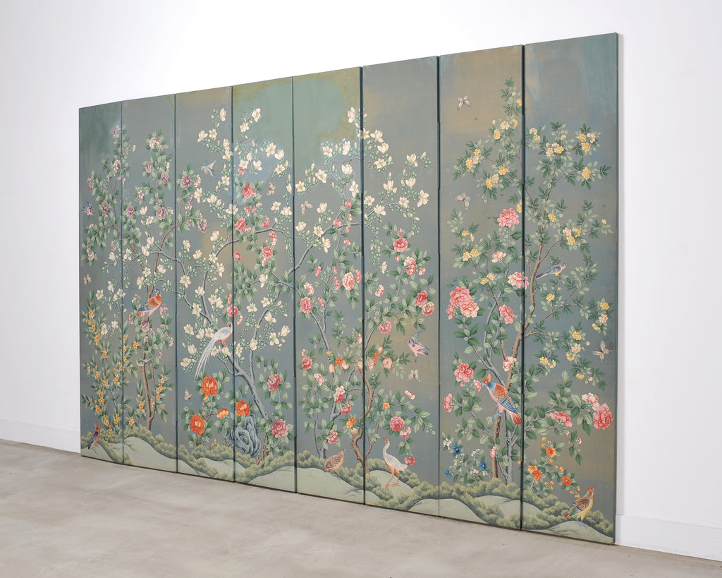 Gracie Style 8 Panel Chinoiserie Painted Wallpaper Screen 12 Ft