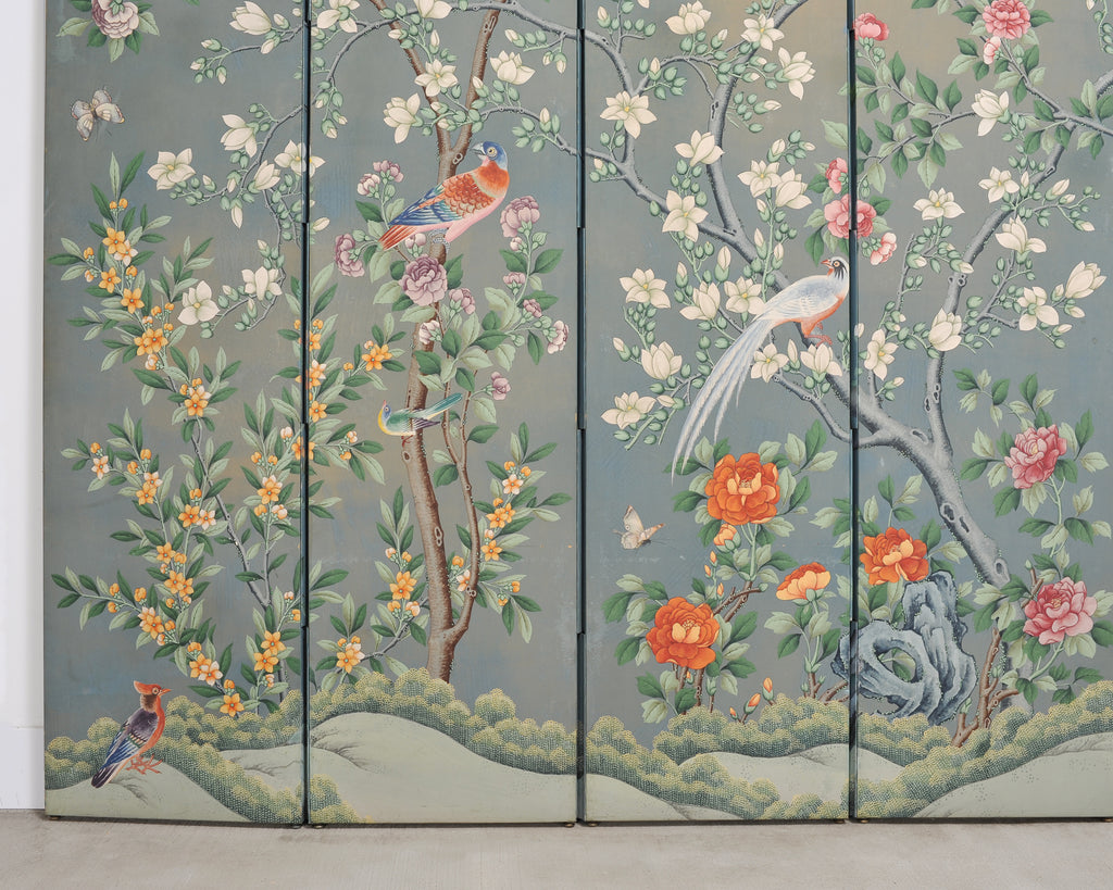 Gracie Style 8 Panel Chinoiserie Painted Wallpaper Screen 12 Ft