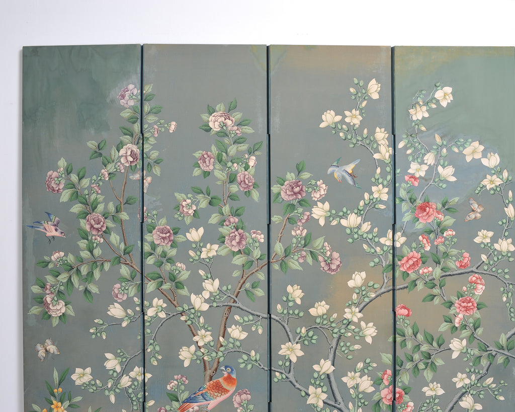 Gracie Style 8 Panel Chinoiserie Painted Wallpaper Screen 12 Ft