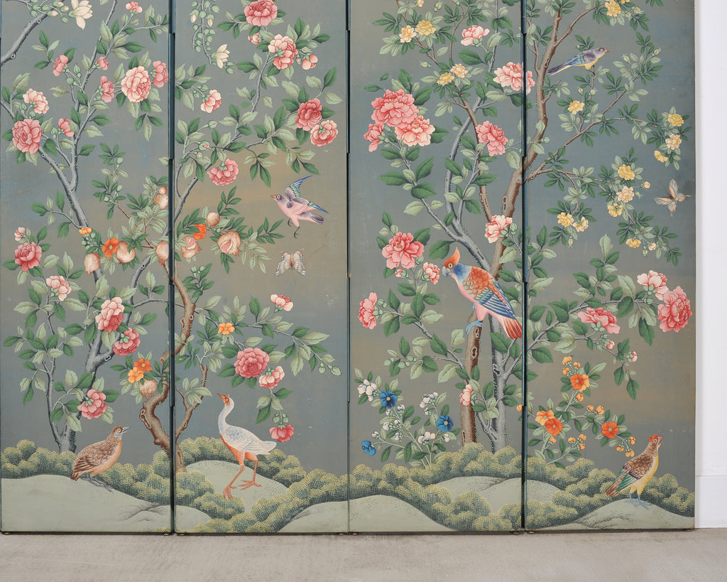 Gracie Style 8 Panel Chinoiserie Painted Wallpaper Screen 12 Ft
