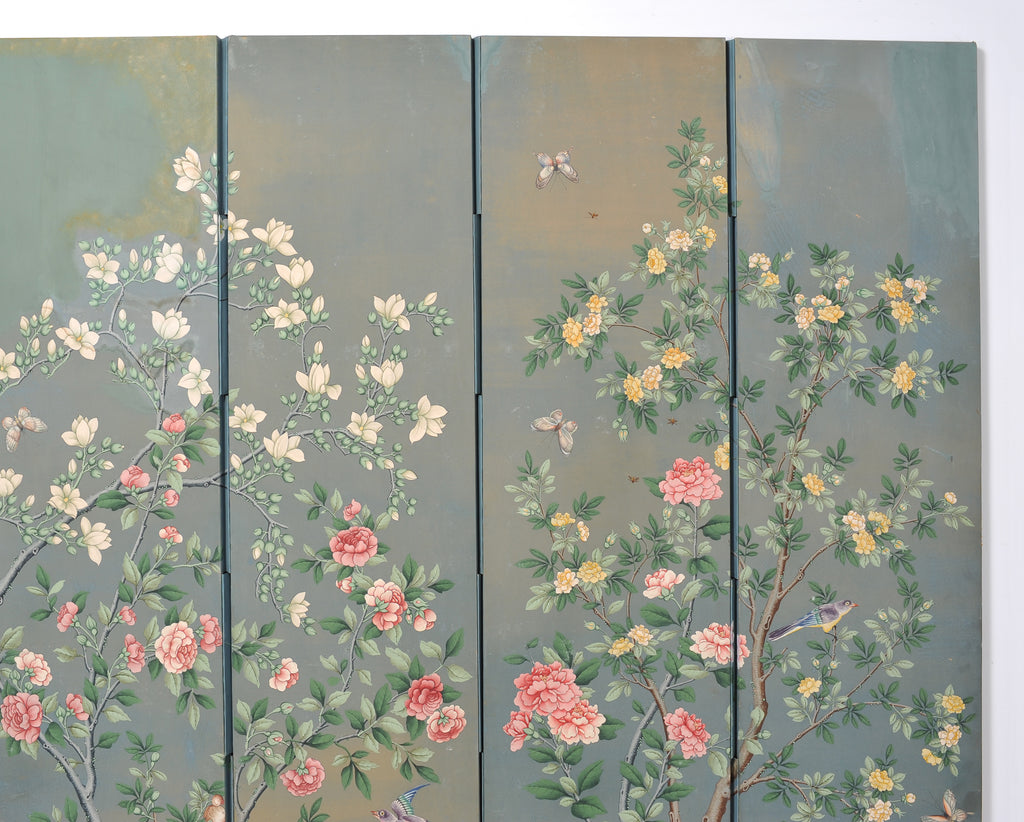 Gracie Style 8 Panel Chinoiserie Painted Wallpaper Screen 12 Ft