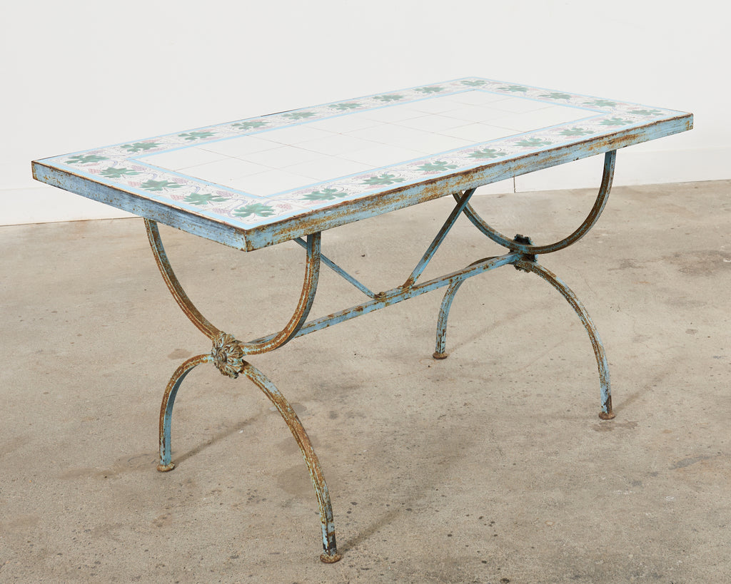 French Iron Tile Top Curule Garden Dining Table