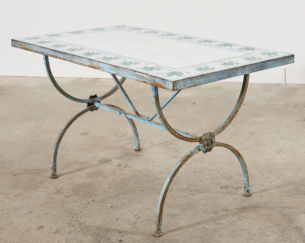 French Iron Tile Top Curule Garden Dining Table
