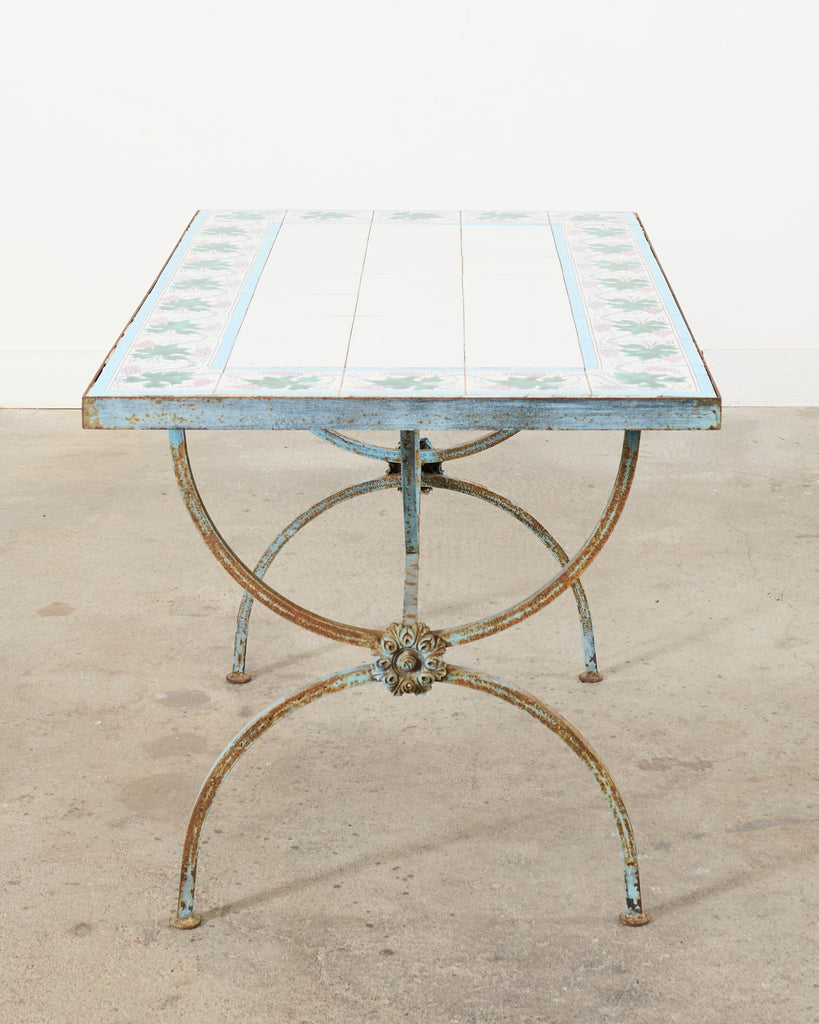 French Iron Tile Top Curule Garden Dining Table