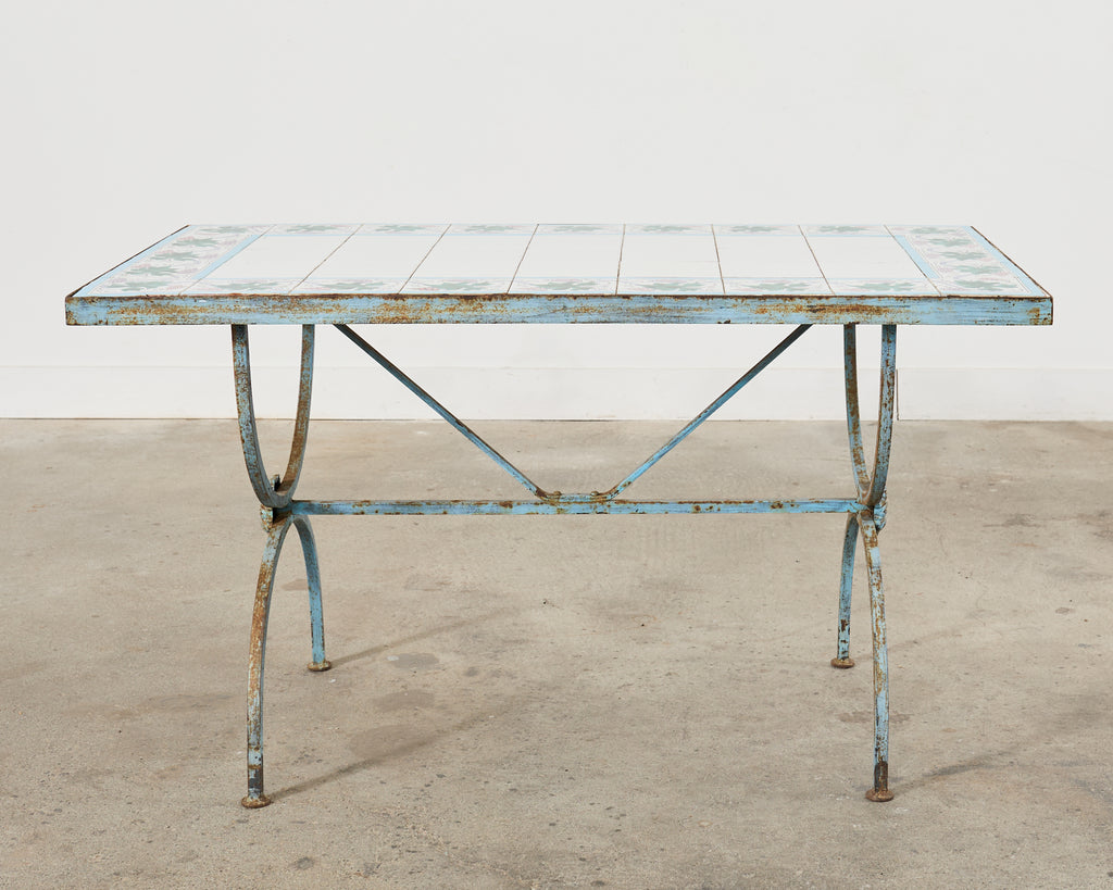 French Iron Tile Top Curule Garden Dining Table