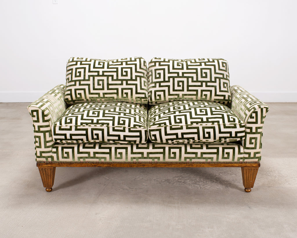 20th C. Art Deco Style Greek Key Velvet and Raffia Settee