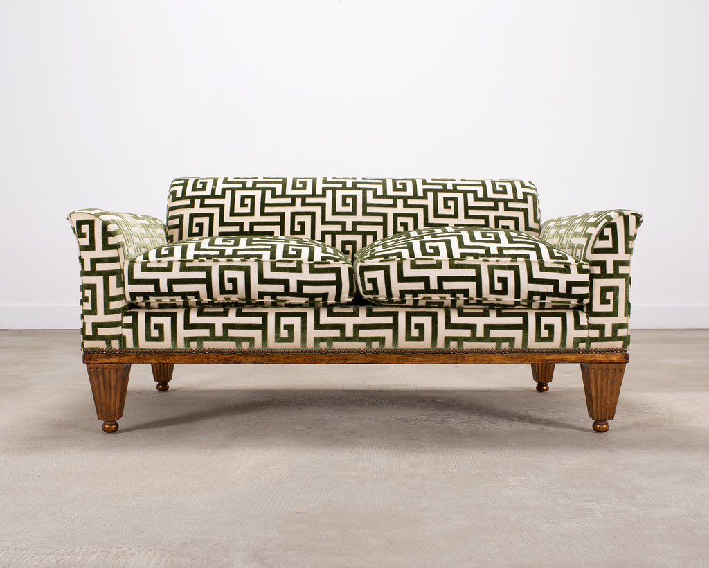 20th C. Art Deco Style Greek Key Velvet and Raffia Settee