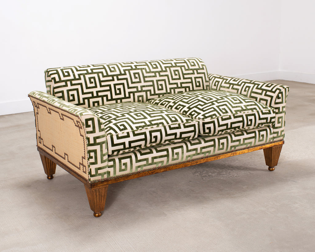20th C. Art Deco Style Greek Key Velvet and Raffia Settee