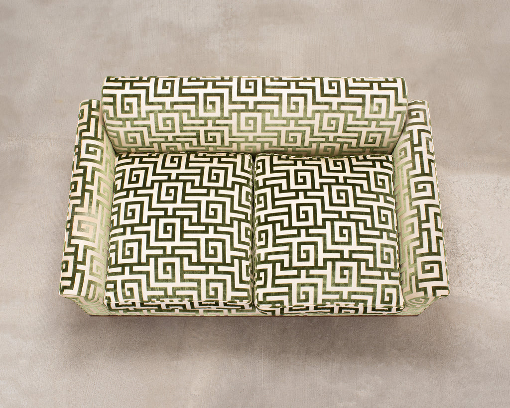 20th C. Art Deco Style Greek Key Velvet and Raffia Settee