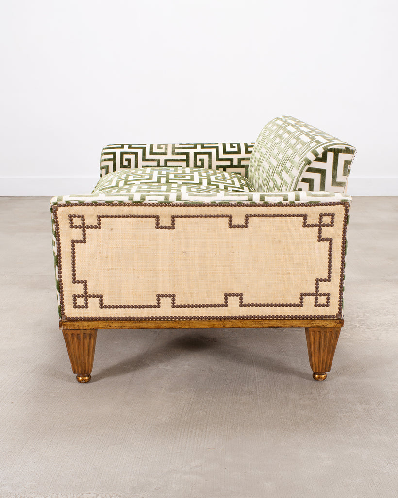 20th C. Art Deco Style Greek Key Velvet and Raffia Settee